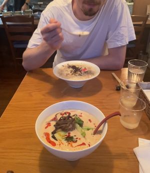 He has the Fukuoka style and I had the tomato ramen  at Vegan Ramen YADOKARI in Fukuoka