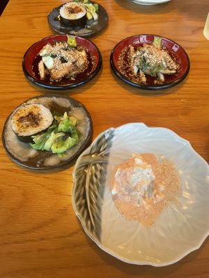 Menu: 3 side dishes (next to the ramen): futomaki sushi, potato noodle salad, tofu sesame mushroom salad  at Vegan Ramen YADOKARI in Fukuoka