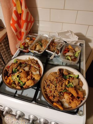 Sweet and sour chicken balls, vegetable chow mein, spring rolls, chicken and cashew nuts, beef in black bean sauce, satay chicken at Great Wall in Norwich