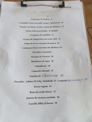 Menu at Mesón Arco da Vella in Fisterra