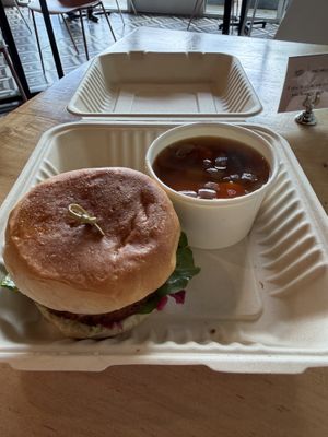 Veggie burger with side of tuscan white bean soupp  at Southern Squeeze - North in Chattanooga