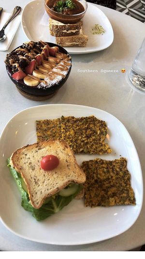 Tomato Bisque&Grilled Cheese,Down Country Bowl,Veggie Sandwich w/ Pulp Crackers at Southern Squeeze - North in Chattanooga