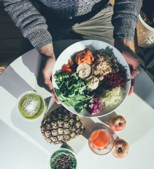 Buddha Bowl Salad: a mix of quinoa, sweet potato mash, seasonal hummus, seasonal veggies, goddess dressing at Southern Squeeze - North in Chattanooga