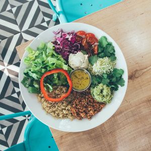 Our fan-favorite Detox Salad: bed of greens, seasonal veggies, avocado, sprouts, kraut, pumpkin seeds, craisins and lime vinaigrette at Southern Squeeze - North in Chattanooga