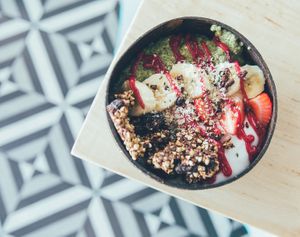 Nurture Bowl: a coconut yogurt and chia pudding, topped with fresh berries, banana, superfood sprinkles and crispy chocolate granola at Southern Squeeze - North in Chattanooga