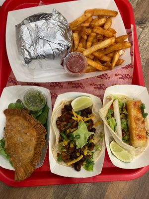 Big Shug burger, Fuegito and tofu taco, Chickpea curry empanada  at Rhythm 'n Wraps in Boston