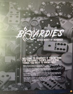 Menu front and rules  at Boardies Bar in Fitzroy