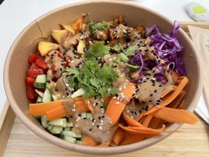 Rainbow tofu bulgur bowl €12.50 awesome and so filling!  at Palm Twins  in Naxos