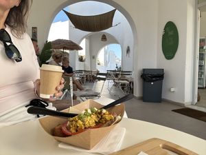 Tofu scramble and coffee with oat milk. Vegan perfection. So grateful    at Palm Twins  in Naxos