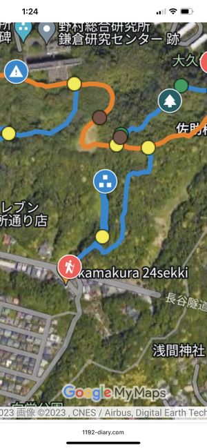 Hiking trail to 24sekki from the Daibutsu hiking course (orange)  at 24sekki in Kamakura