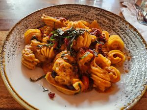 Mediterranean vegan sourdough pasta at Von's 1000 Spirits in Seattle