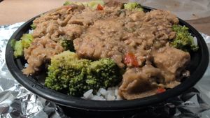 Earthly feast vegan roast broccoli and rice bowl at Jane's Seamoss Creations and More in Orlando