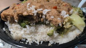Earthly feast vegan roast broccoli and rice bowl at Jane's Seamoss Creations and More in Orlando