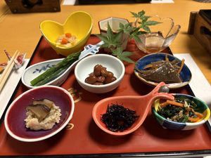 Fully vegan multi course meall prepared  at Shikisai gin no to in Beppu