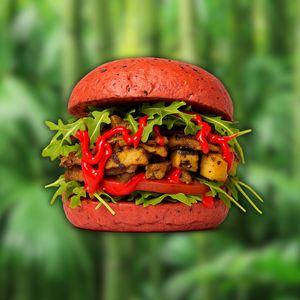 Passion burger - Seitan, rucola, zucchine alla scapece, mayo vegan al pomodoro at Panda Burgers  in Olbia