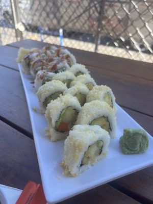 Veggie tempura roll in front   at Ricky's Sushi - NE 14th Ave in Portland