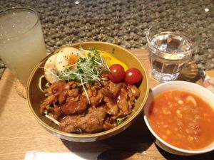 Soup and rice & soy meat bowl at LOVE Pacific Cafe in Nagoya
