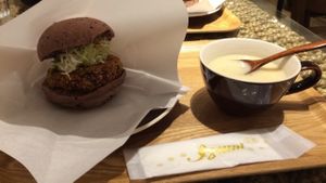 Burger and soup of the day at LOVE Pacific Cafe in Nagoya