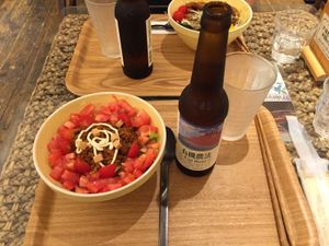 Taco rice and organic beer at LOVE Pacific Cafe in Nagoya