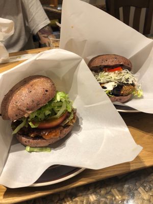 Wheat prot in burger on th left, teriyaki soymeat burger on the right  at LOVE Pacific Cafe in Nagoya