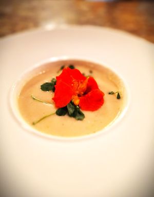 Lemon, Lavender, and Cauliflower Soup at Mondano in Old Forge