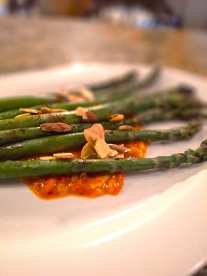 Grilled locally-grown Asparagus with Romesco and Toasted Almonds at Mondano in Old Forge