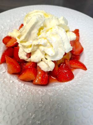Fresh Strawberry Shortcake made with lentil-based cream at Mondano in Old Forge