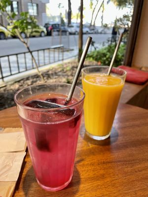 Passion juice and purple love juice (coconut water and beet juice ice!) at Gaia Art and Cafe in Rio De Janeiro