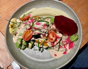 Their newest meal. Veggies over ‘batata baroa’ purée and tahini sauce. My favorite dish from this cafe so far. at Gaia Art and Cafe in Rio De Janeiro