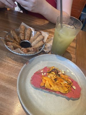 crocame and sourdough with beet hummus  at Gaia Art and Cafe in Rio De Janeiro