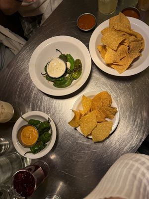 Smaller padron peppers with a different sauce to be vegan! The salsa with the chips was unreal  at Mæxico City in Copenhagen