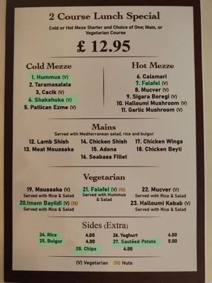 Vegan options highlighted. Vegetarian options are marked with (V). at Kebir Turkish Kitchen in Surbiton
