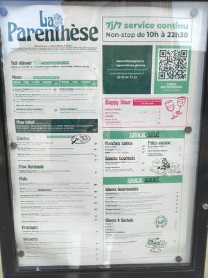 Menu at La Parenthèse in Giverny