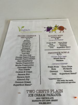 vegan menu 9/2/23  at Two Cents Plain Ice Cream Parlour in Margate City