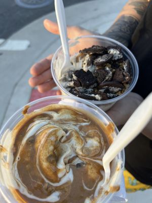 banana whips. one with peanut butter and choc chips, one with oreos, nuts, & granola. they almost put dairy whipped cream on both for some reason    at Two Cents Plain Ice Cream Parlour in Margate City