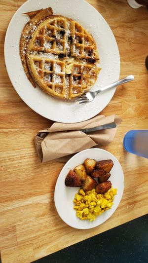 Blueberry waffle with tofu scramble and potatoes at East End Eatery in Gainesville