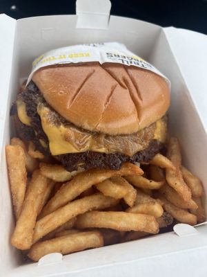 Vegan OG burger with extra crispy fries  at Trill Burgers  in Spring