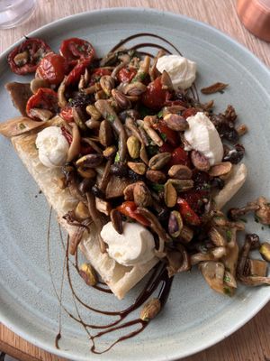 Mushroom flat bread with vegan feta and other good stuff   at Uig Hotel  in Isle Of Skye