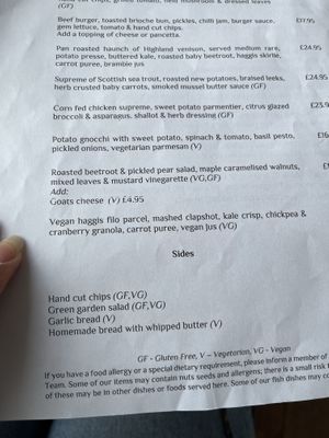 part of menu, VG is vegan   at Uig Hotel  in Isle Of Skye