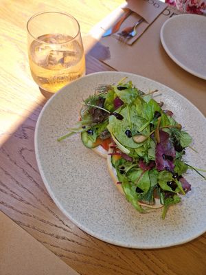 Bagel and rose & hibiscus soda at The Açaí Restaurant in Rhodes