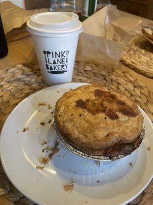 Veggie Pie and Oat Latte   at Pink Lane Bakery  in Gosforth