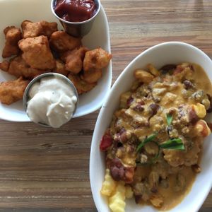 tofu nuggets with amazing BBQ sauce and chilli cheese fries at Seed - Faubourg Lafayette in New Orleans