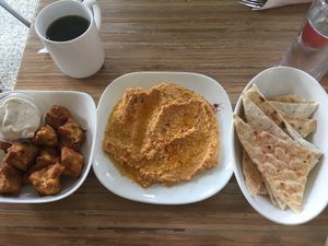 Tofu “chicken” nuggets with dip, and hummus  at Seed - Faubourg Lafayette in New Orleans
