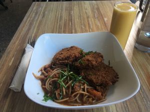 Vegan pasta with fried eggplants - weird combination. at Seed - Faubourg Lafayette in New Orleans