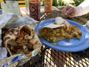 Southern Burrito on the left (ovo-lacto-vegetarian). The spicy one isn’t really spicy    at Ruby's in Ashland