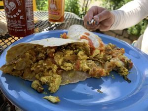 The Wendy Burrito tofu scramble in the gluten-free tortilla. Very flavorful !  at Ruby's in Ashland