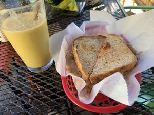 Vegan Reuben and yellow smoothie  at Ruby's in Ashland
