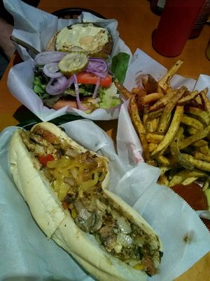 veggie steak (Philly cheese steak) and veggie burger with vegan cheese substitute at Ruby's in Ashland