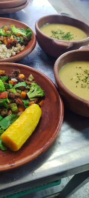 Ajiaco, verduras al wok, maduro at Tattva in Pasto