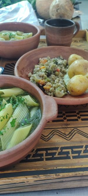 Crema de espina con pasta, arvejas con verduras, papa criolla con salsa blanca at Tattva in Pasto